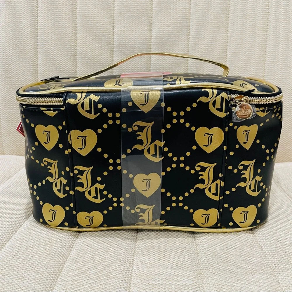 NEW Juicy Couture Black Gold Monogram Train Case Makeup Bag 2pc‎ Set Rhinestone